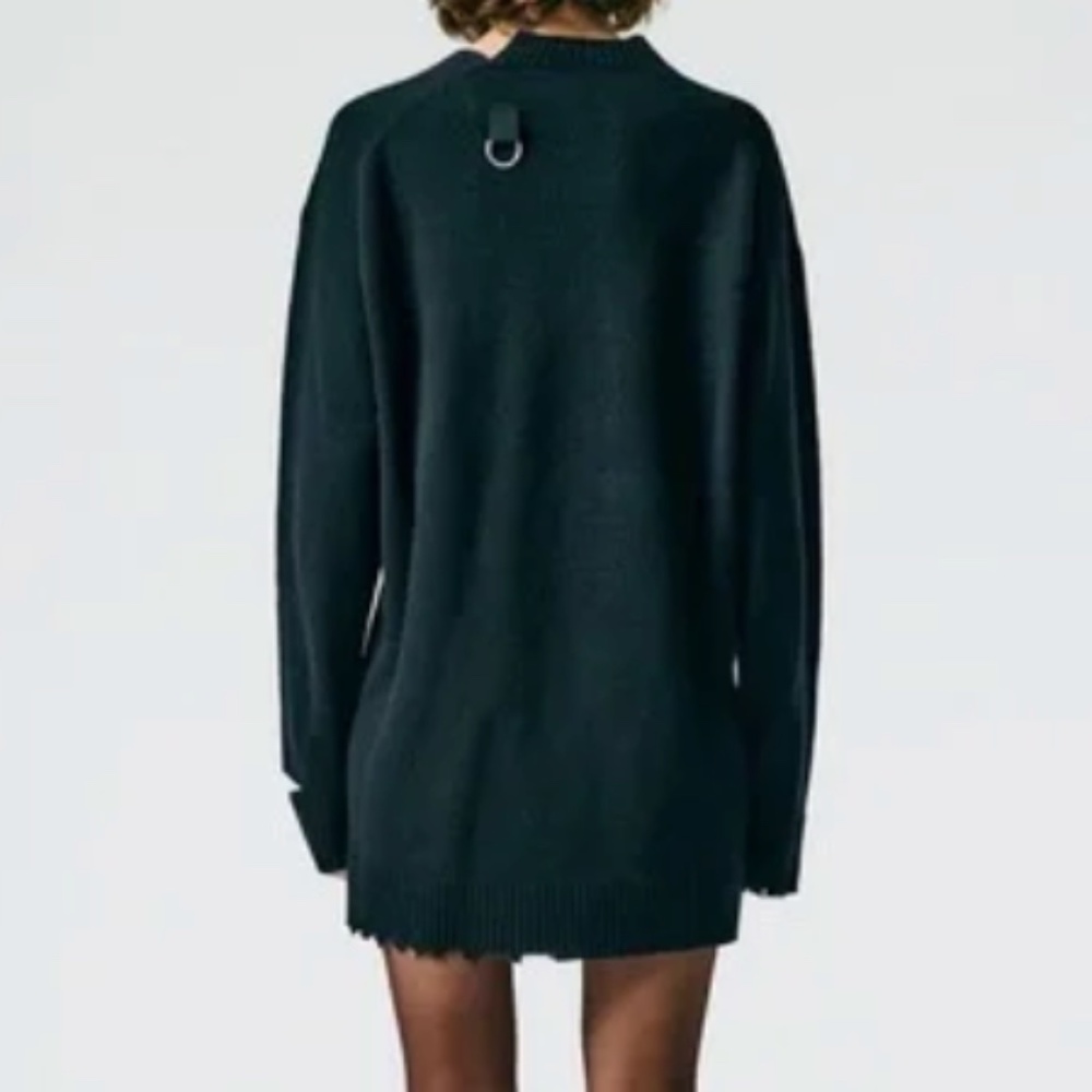 Tibi Black Distressed V-Neck Oversized Crew Sweater - Picture 3 of 4